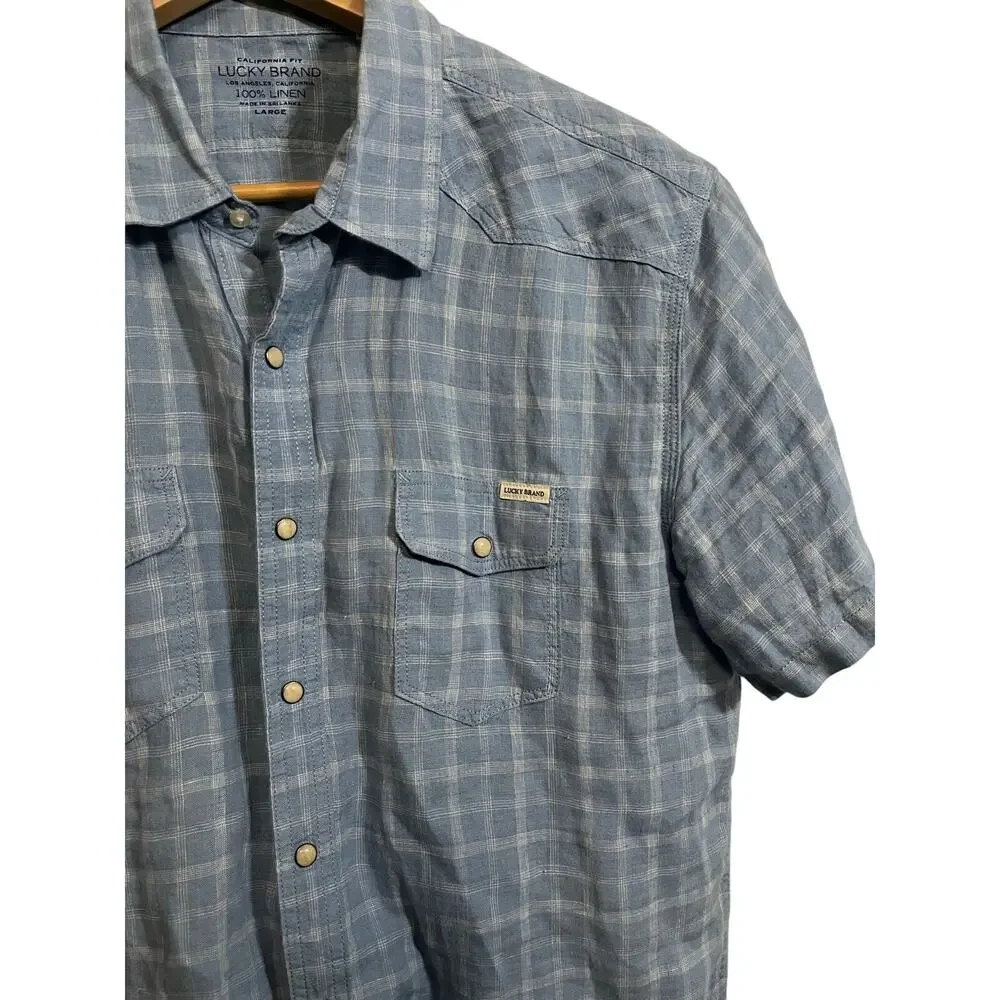 Lucky Brand Linen Shirt Mens Large Blue Plaid Short Sleeve Button Pearl Snap